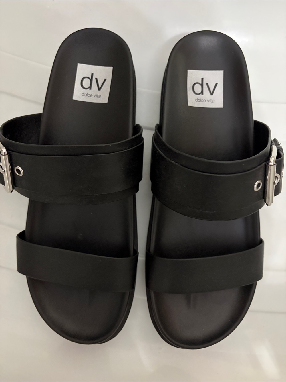 Dolce Vita Black Double-Strap silver Buckle Slide Birkenstock style sandals